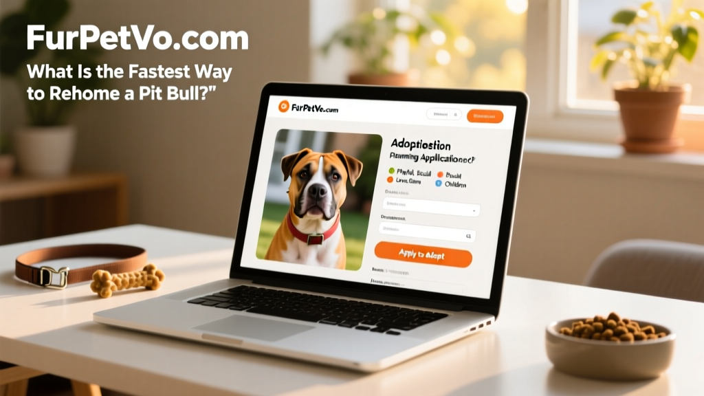 A laptop screen showing the FurPetVo.com rehoming dashboard with a pet profile and adoption application form