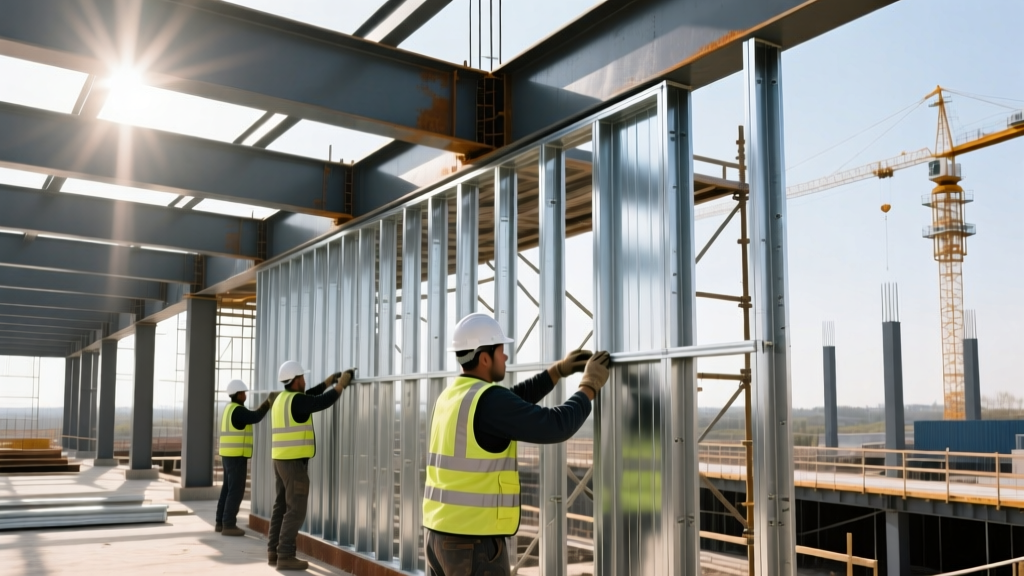 Commercial construction site showing workers installing 16-gauge galvanized cold-formed steel structural wall studs alongside hot-rolled W-shape beams