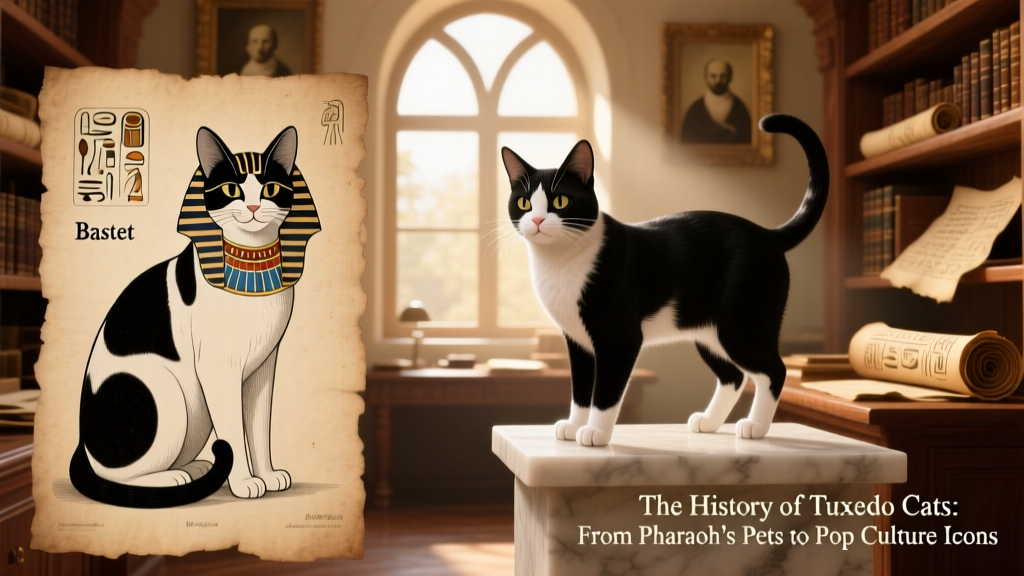 Historical illustration showing ancient Egyptian cat depictions alongside modern tuxedo cats, emphasizing timeless elegance