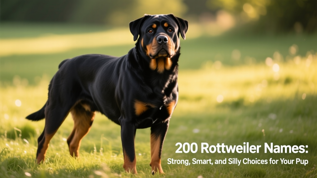 A confident adult Rottweiler standing proudly on grass, showcasing its powerful build and glossy coat
