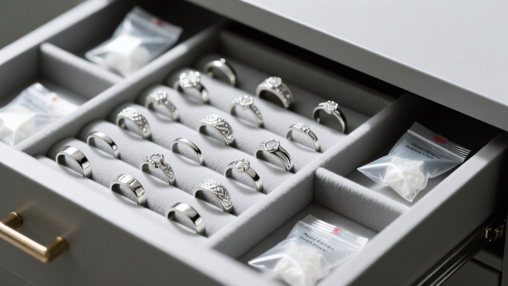 Organized jewelry storage drawer featuring anti-tarnish Pacific Silvercloth strips, silica gel packets, and polished silver rings.