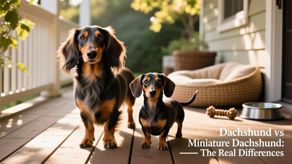 Side-by-side comparison showing a Standard Dachshund and a Miniature Dachshund standing next to each other to highlight proportional differences