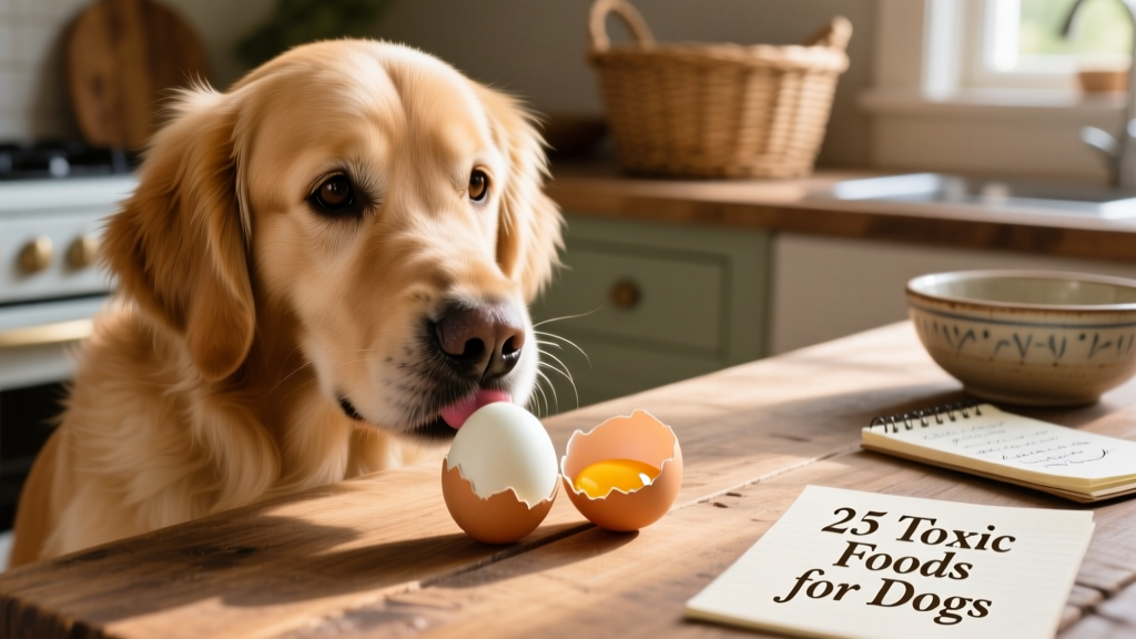 Dog gently licking a boiled egg next to a raw eggshell — emphasizing the safety difference between cooked and raw