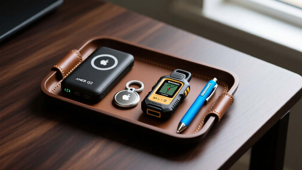 Flat lay of leather EDC tray holding Anker MagGo Qi2 power bank, Apple AirTag, Garmin inReach Mini 2, and Neo Smartpen on dark walnut desk