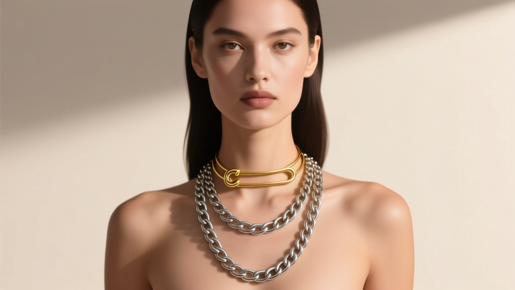 Model wearing a layered stack with a delicate gold safety pin choker and a longer 24-inch stainless steel curb chain.