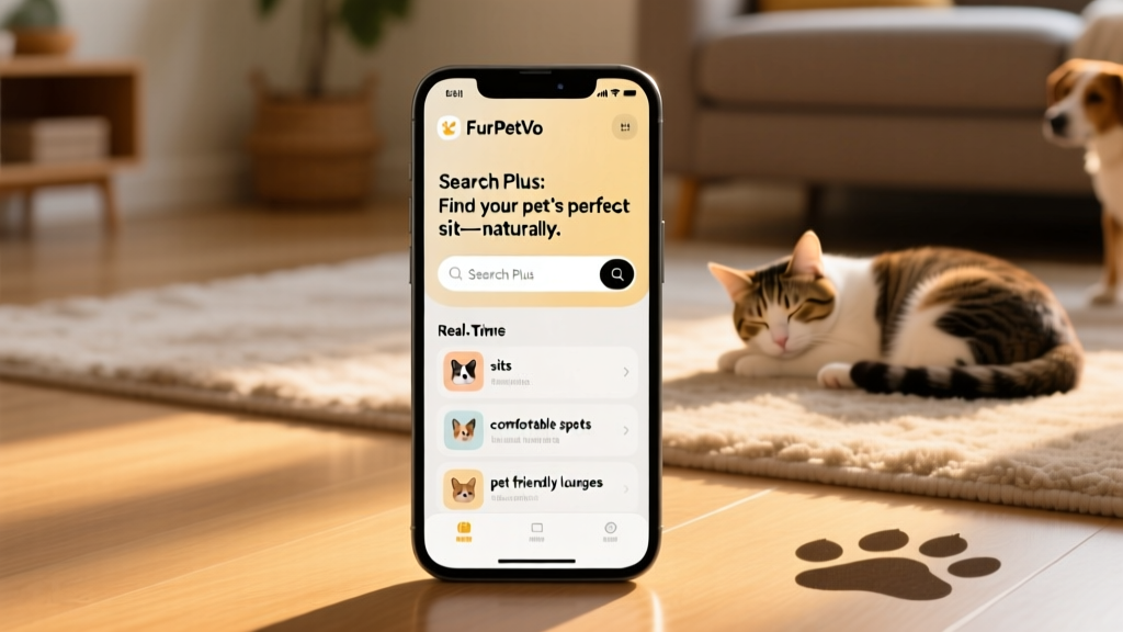 Screenshot of the FurPetVo mobile app showing the new Search Plus interface with a natural-language search bar