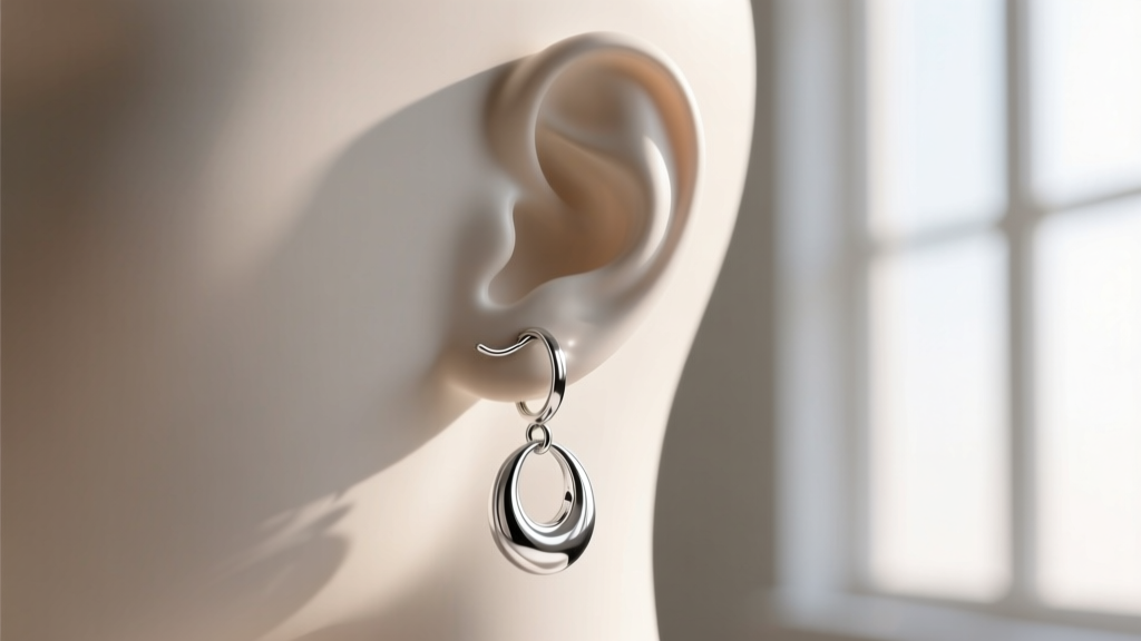 Clear silicone back and curved French wire guard securing a silver dangle earring on a mannequin earlobe in bright natural light.