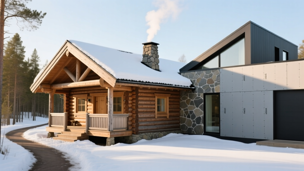 Rendering of a rustic Nordic timber cabin next to a modern structural insulated panel home featuring natural stone veneer siding.