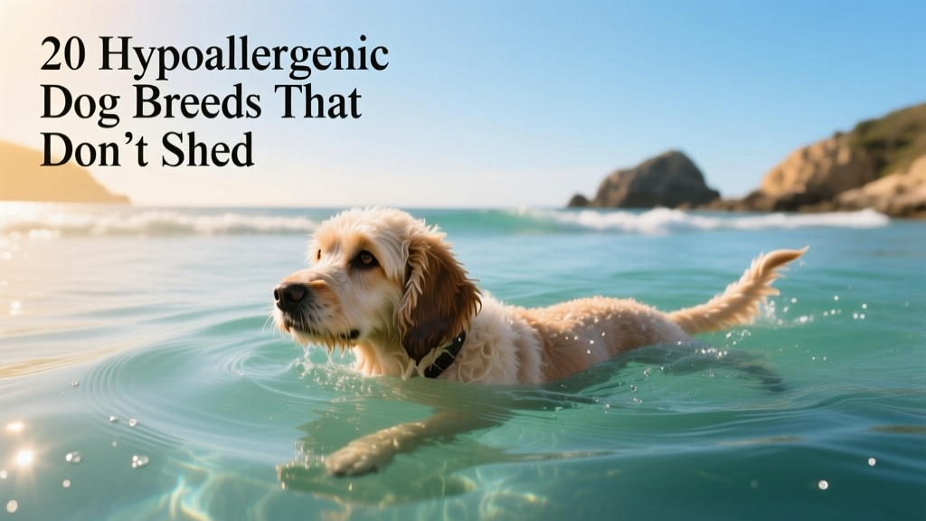 A calm, focused Portuguese Water Dog swimming confidently in clear blue water, coat glistening