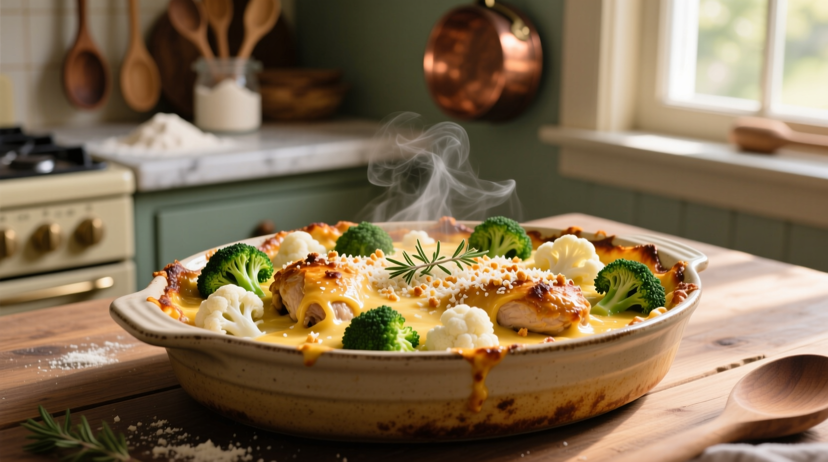 Golden baked chicken broccoli cauliflower casserole in dish