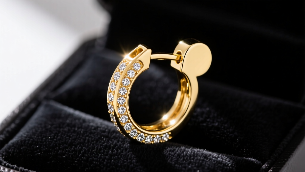 Macro shot of hinged clicker Mickey huggie earring in 18k solid gold with pavé diamond accents on a dark velvet jewelry tray
