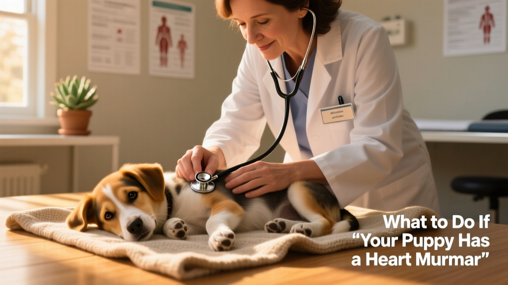 A gentle close-up of a veterinarian using a stethoscope on a calm, resting puppy