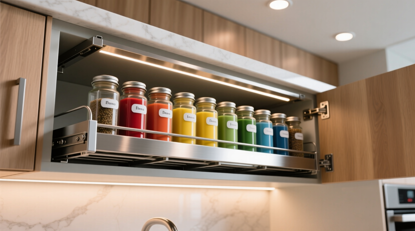 Modern pull-out spice rack installed in kitchen cabinet