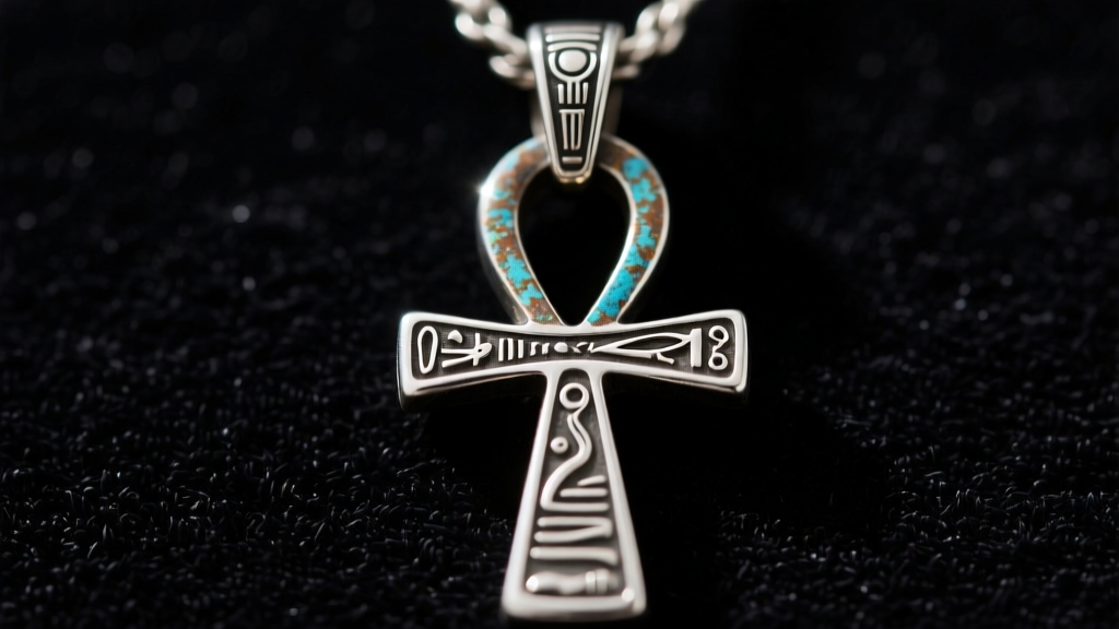 Macro shot of an oxidized 925 sterling silver ankh pendant showing intricate engraved hieroglyphic textures on dark background