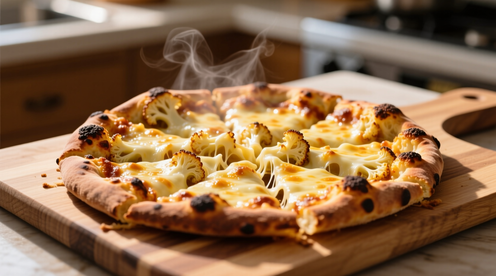 Golden brown cauliflower pizza crust with melted cheese