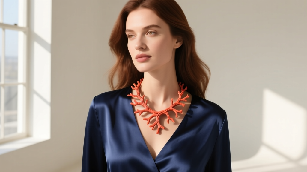 Woman wearing a coral branch necklace over a navy silk V-neck blouse, showing color contrast and elegant neckline pairing.