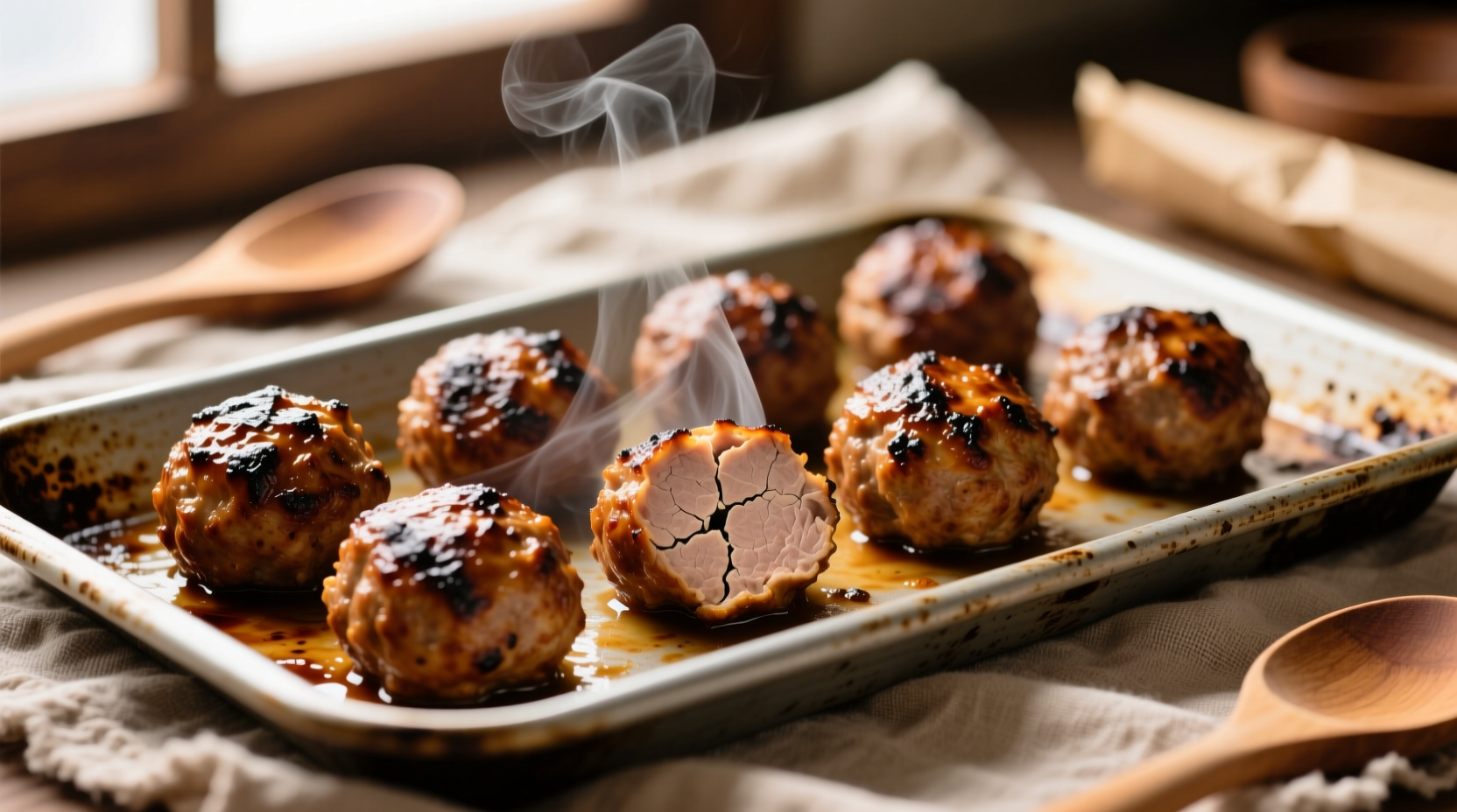 Perfectly browned turkey meatballs on baking sheet