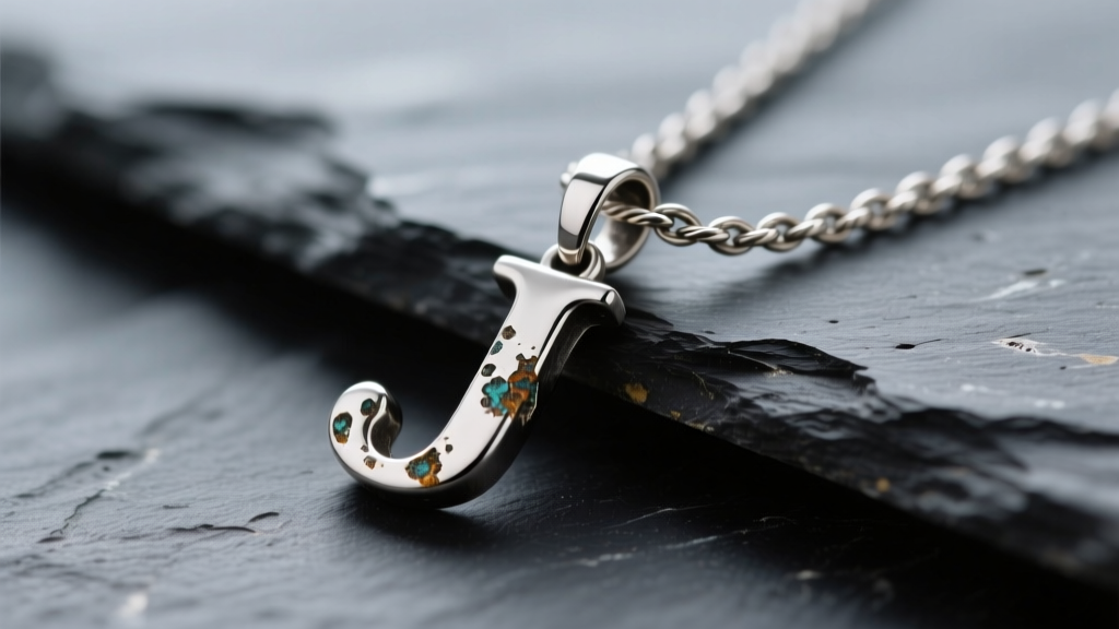 Macro shot of tarnished 925 silver J initial pendant on dark slate, highlighting oxidized crevices and a delicate cable chain