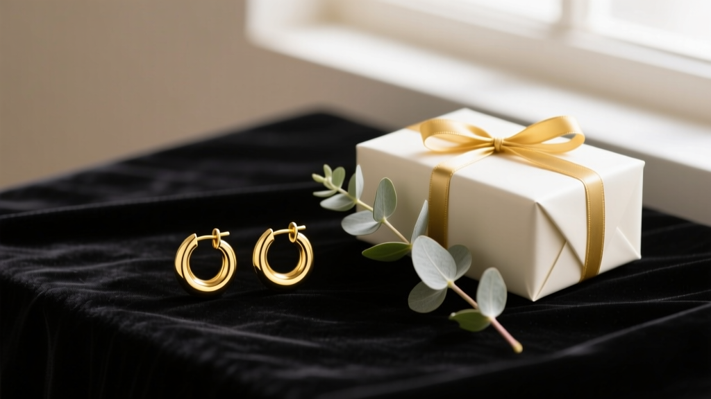 14k yellow gold 20mm huggie earrings resting on dark velvet next to a wrapped gift box and eucalyptus in soft natural lighting