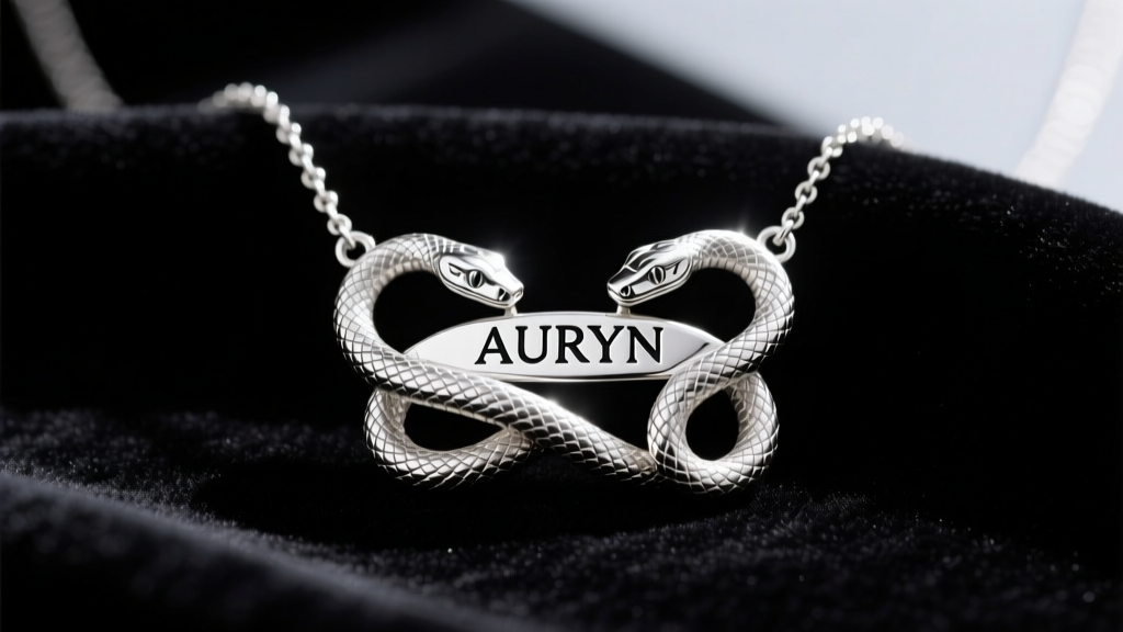 Sterling silver AURYN amulet necklace with two intertwined snakes and central text, displayed on dark velvet under soft lighting.