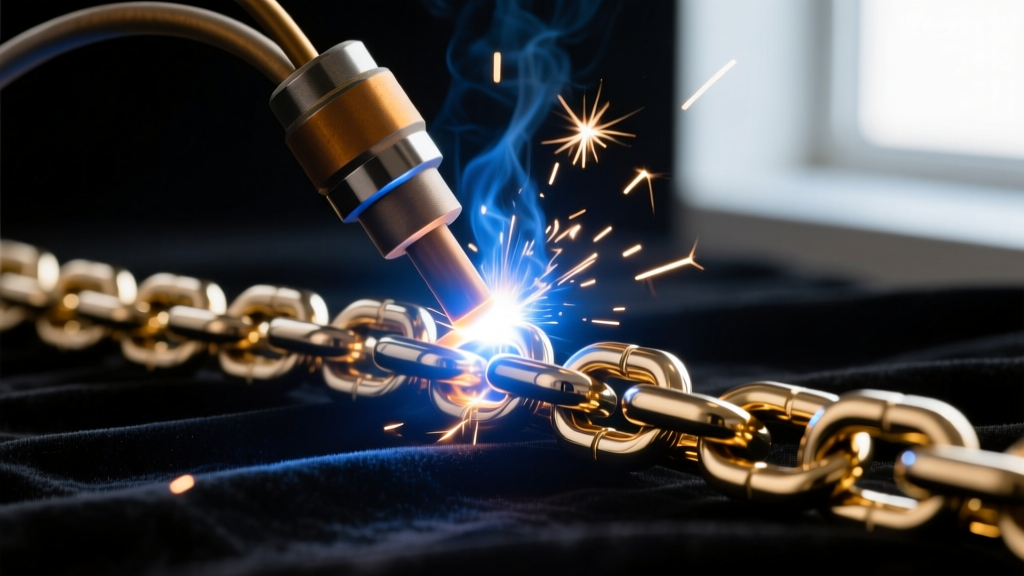 Close-up of a pulse arc welder fusing a 14-gauge solid titanium permanent bracelet chain on a dark velvet jeweler's bench.