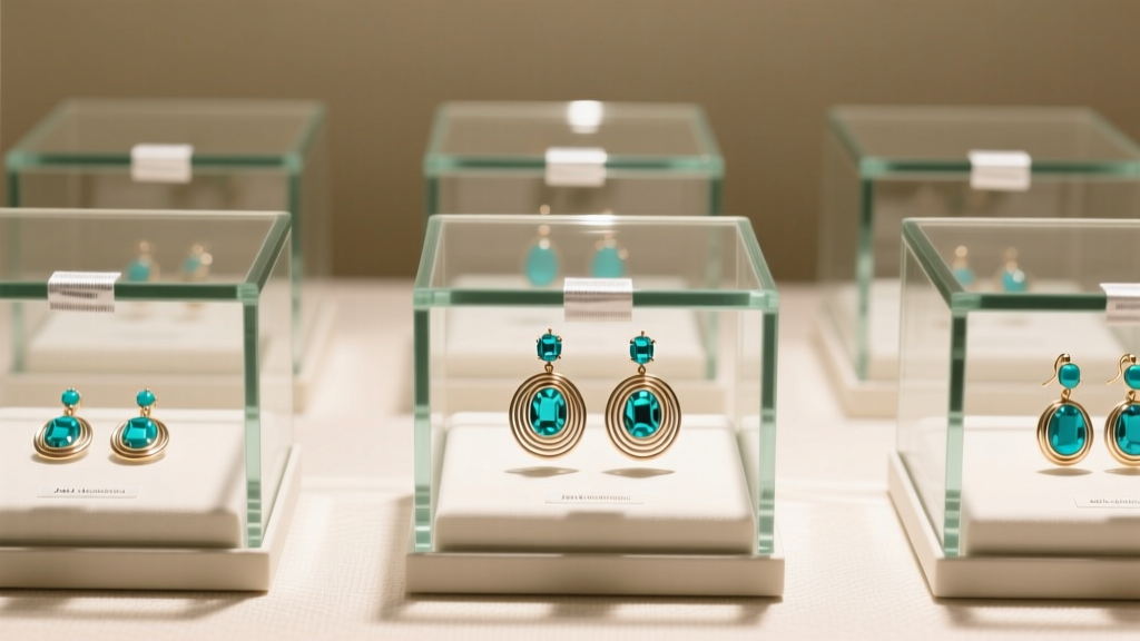 Glass-topped display boxes with anti-tarnish strips and coiled wire wrapped turquoise drop earrings in soft warm lighting.