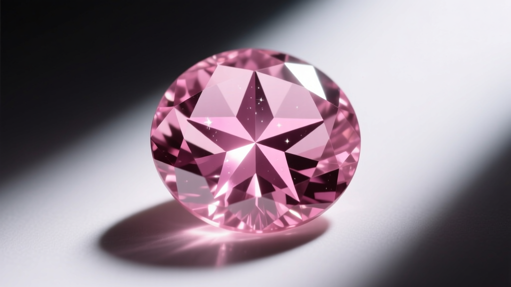 Macro photography of a star rose quartz cabochon displaying a sharp six-rayed asterism under a single direct overhead light source