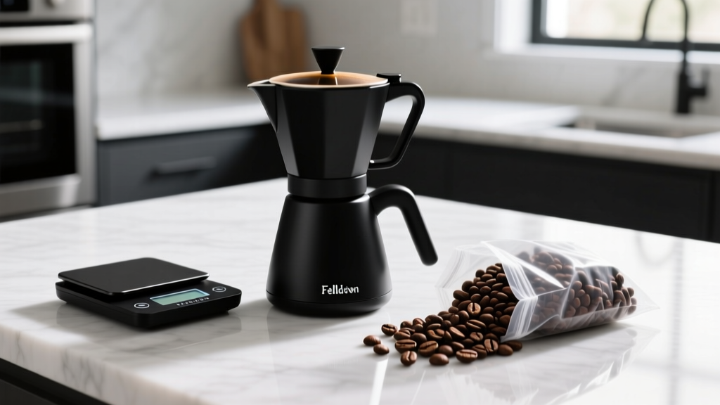 Matte black Fellow Aiden drip coffee maker on a marble counter beside a digital scale and a bag of freshly roasted coffee beans
