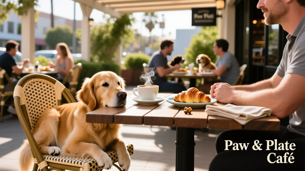 A relaxed outdoor dining scene with a dog resting calmly beside its owner’s chair at a café table