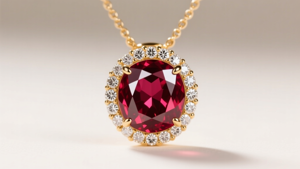 Macro photo of a 14k gold pendant necklace with a faceted pigeon blood ruby surrounded by a micro-pave diamond halo in soft light.