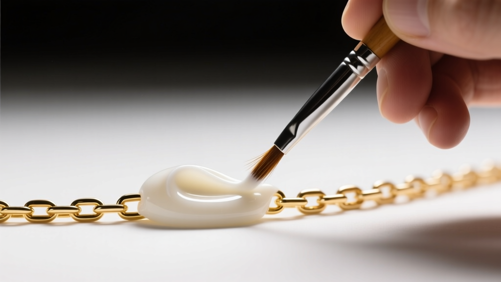 Jeweler applying white fluoride flux paste to a gold chain link using a fine-tipped brush under bright, focused bench lighting.