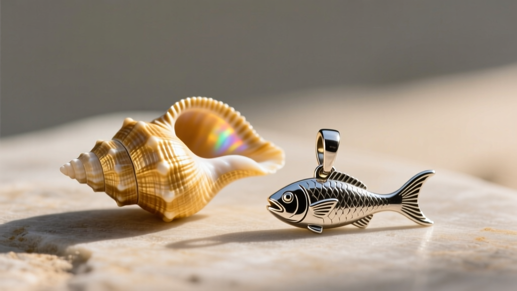 Macro shot of a tiny golden Kahelelani Niihau shell beside a silver fishhook pendant, highlighting the shell's natural spiral.