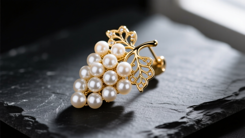 Close-up of intricate gold grape cluster pearl earrings resting on dark slate, highlighting multiple small luminous white pearls.