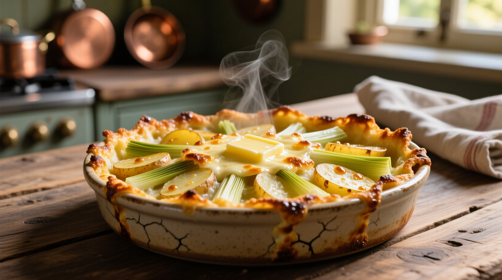 Perfectly golden potato leek gratin in ceramic dish