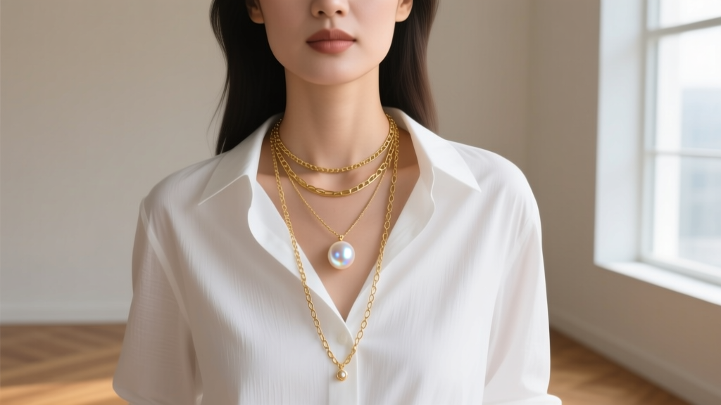 Woman wearing three layered gold necklaces of varying lengths over a white button-down shirt, highlighting a central pearl pendant