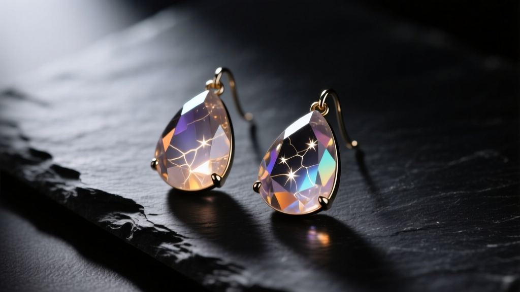 Smoky quartz drop earrings on dark slate, lit by soft directional lighting to reveal internal crystal inclusions.