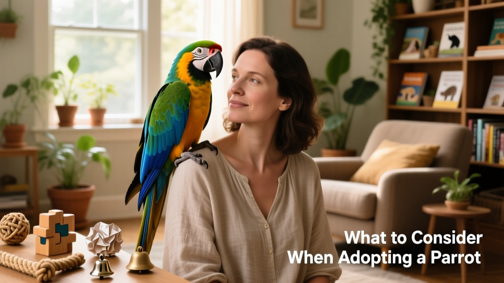 A calm, well-socialized macaw perched on a person's shoulder, surrounded by colorful toys and natural light