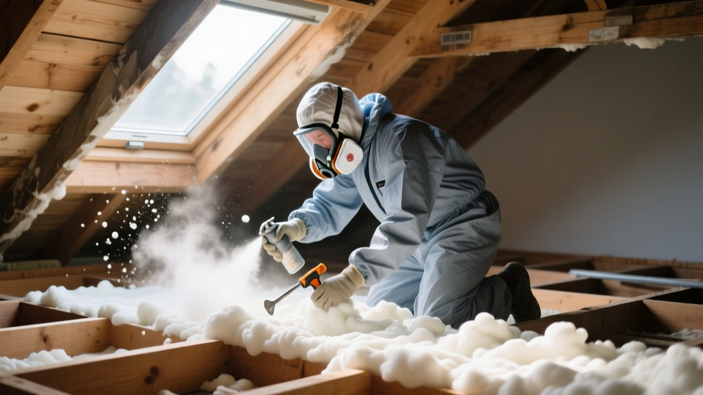 Installer in protective Tyvek suit and respirator applying closed-cell spray foam insulation to an exposed wooden roof deck in a residential attic.