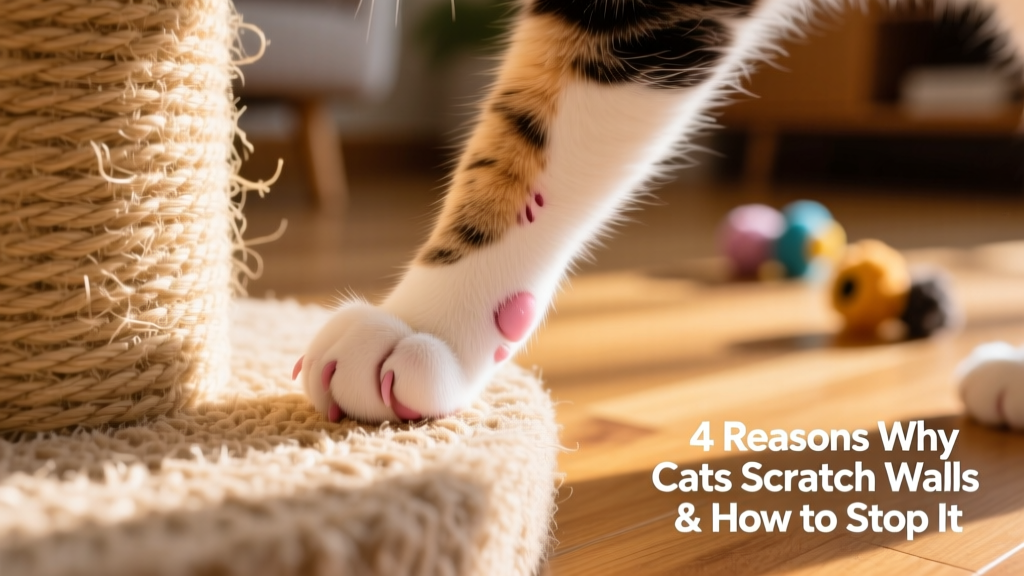 Close-up of a cat’s paw gently pressing into a textured sisal scratching post