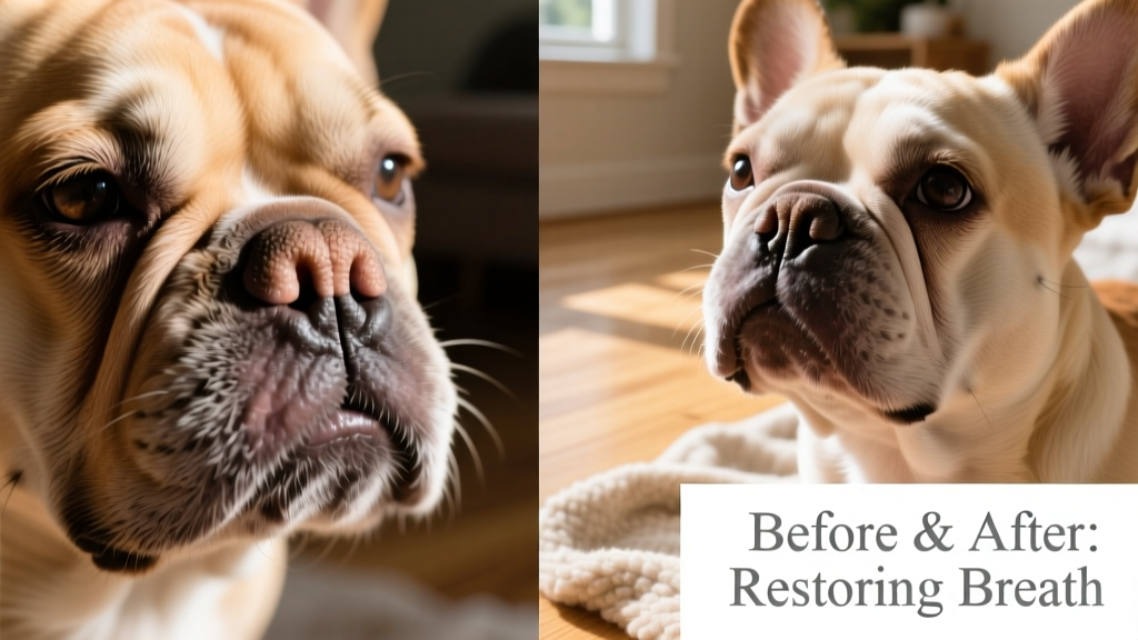 Before-and-after photos showing a French Bulldog's nostrils before and after stenotic nares repair surgery