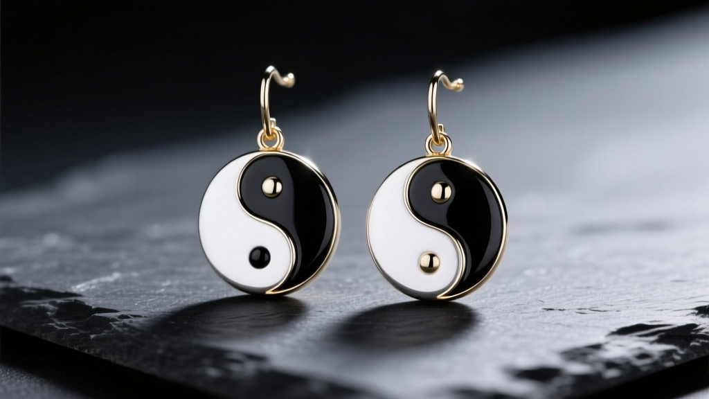 Close-up of 18k white gold and black rhodium yin yang drop earrings resting on dark slate, illuminated by dramatic studio lighting.