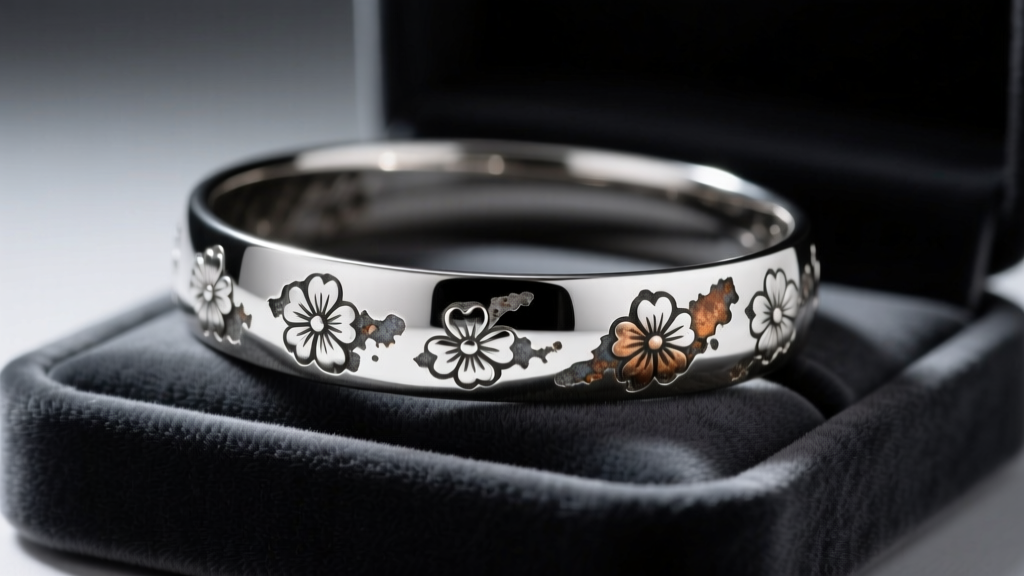 Macro shot of silver tarnish on a sterling bangle resting on a synthetic velvet jewelry bracelet holder in dim, moody lighting.
