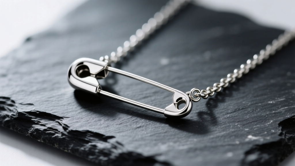 Close-up of a sterling silver safety pin pendant necklace on dark slate, highlighting the clasp and polished metal in soft light