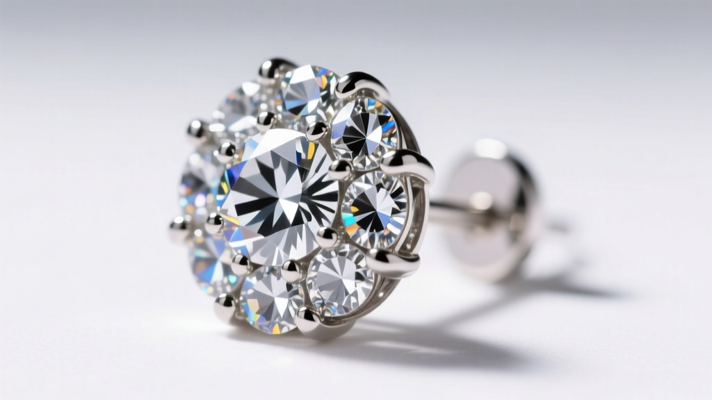 Macro view of Carolee rhinestone earring showing intact silver foil backing and prong-set crystals under bright studio lighting