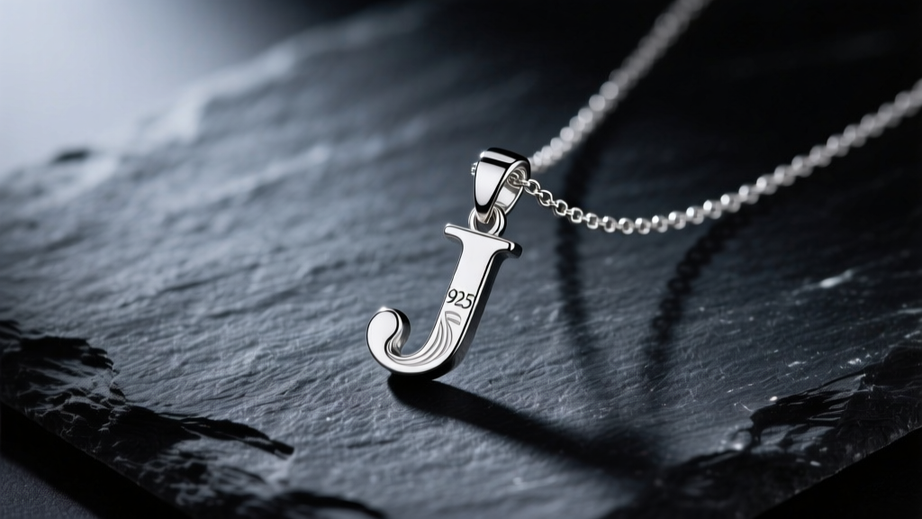 Close-up of a 925 sterling silver J initial pendant on a 1mm box chain, resting on dark slate with soft directional lighting