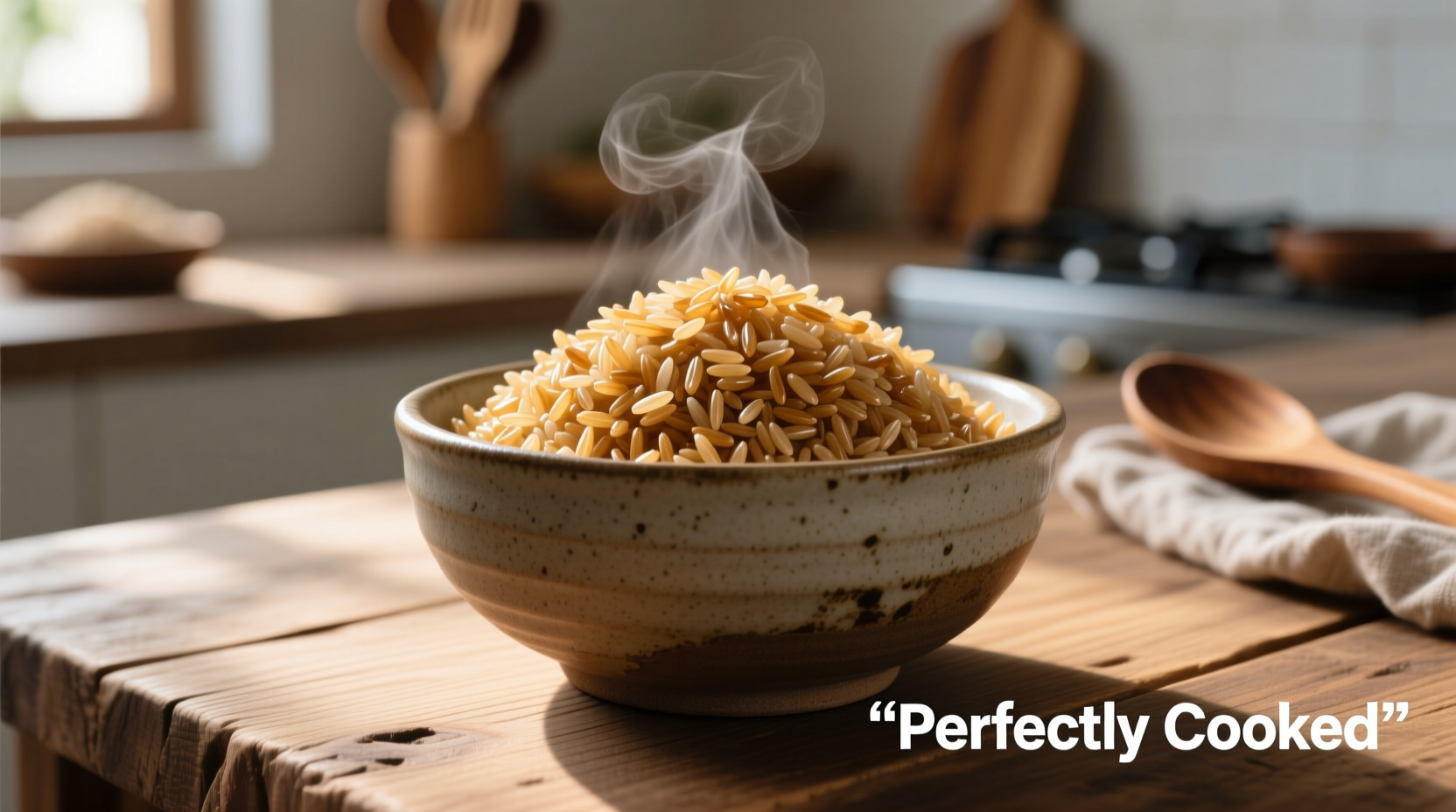 Perfectly cooked brown rice in ceramic bowl