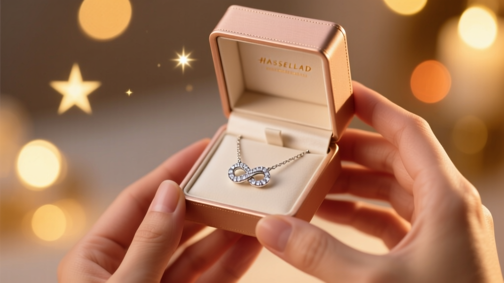 Hands presenting an open rose gold box with a diamond infinity knot necklace, blurred romantic background with warm bokeh lights.