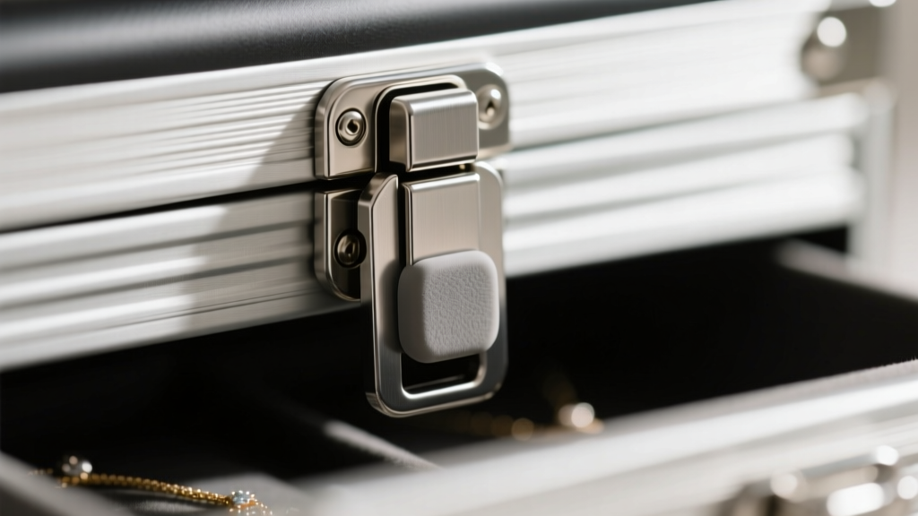 Macro shot of a steel tool box latch fitted with a silicone dampener to prevent rattling and secure jewelry inside the drawer.