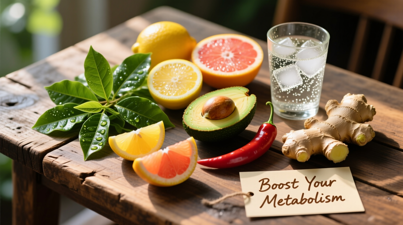 Metabolism-boosting foods on wooden table
