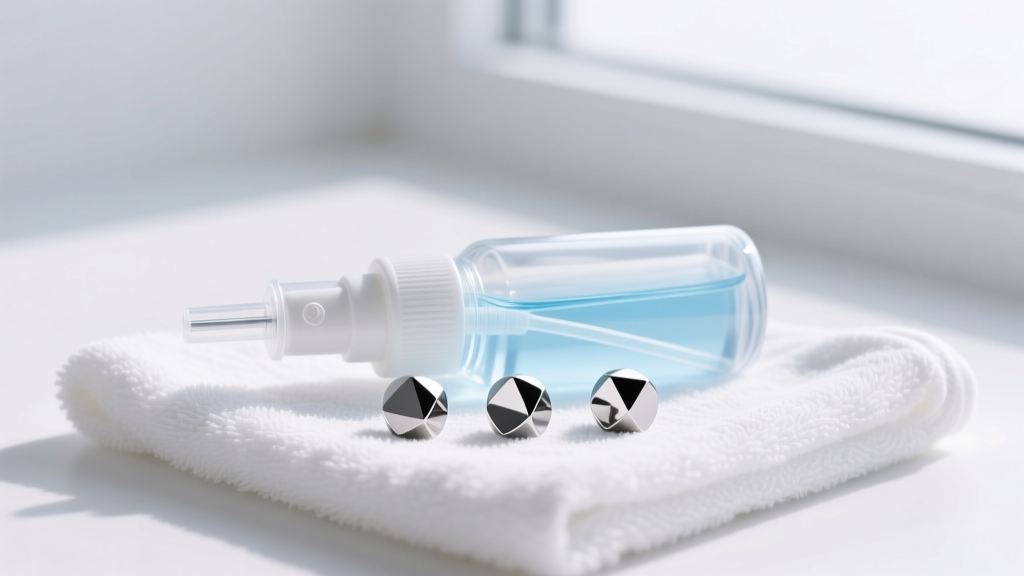 Close-up of a sterile saline spray bottle and implant-grade titanium flat-back labret studs resting on a clean white cotton towel.